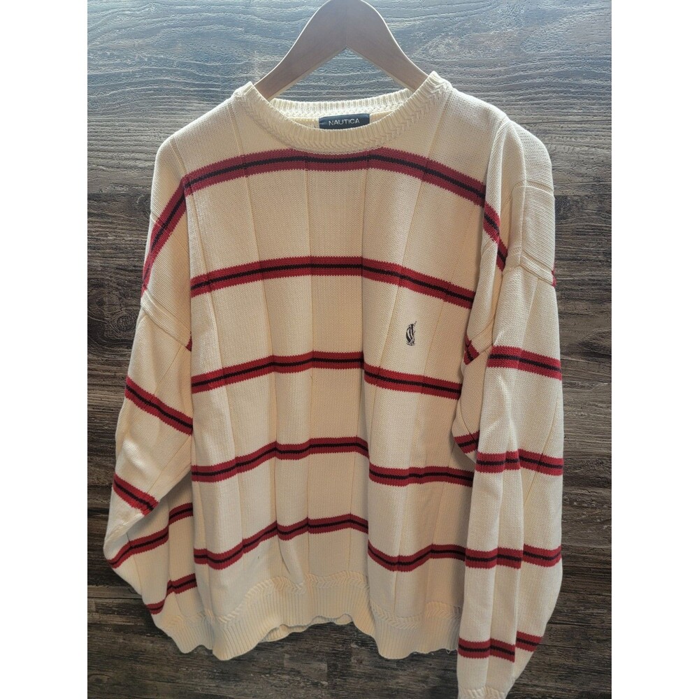 Vintage Men's Knit Pullover Sweater Crewneck Striped White Red Black XL